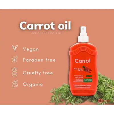 Carrot Spray Oil bottle with vegan, paraben-free, cruelty-free, and organic labels for natural tanning enhancement.