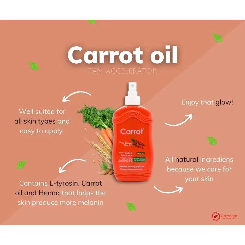 Carrot oil tan accelerator spray showcasing natural ingredients for enhancing skin tan and promoting melanin production.