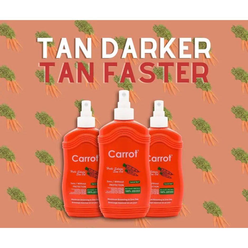 Carrot Spray Oil bottles on a carrot-themed background, promoting faster and darker tanning.