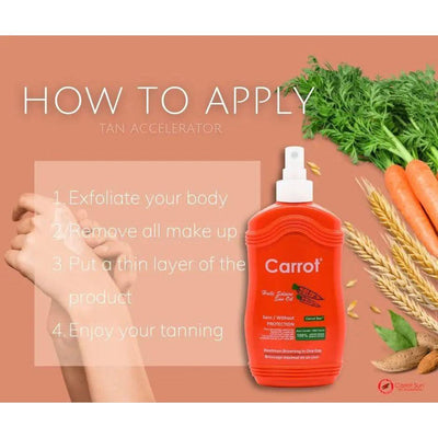 Instructions for applying Carrot Spray Oil tan accelerator with steps for optimal tanning results.