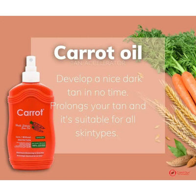 Carrot Spray Oil bottle with text about tan acceleration, suitable for all skin types, on a vibrant background with carrots.