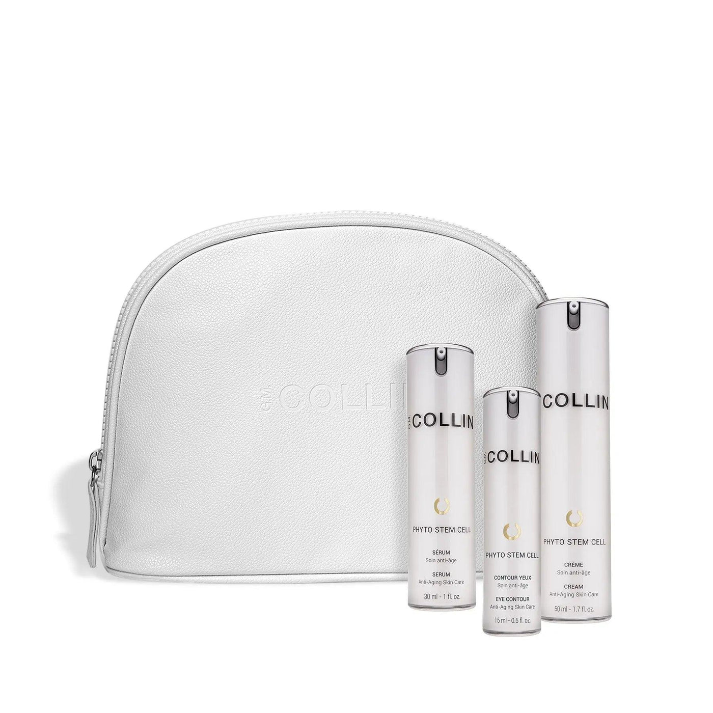 aCOLLIN Cell-ebration Time anti-aging set with serums and cream in a vegan leather white pouch.