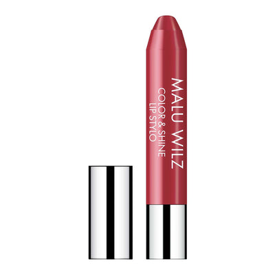 Malu Wilz Color & Shine Lip Pencil in a vibrant shade, showcasing its glossy finish and sleek design.