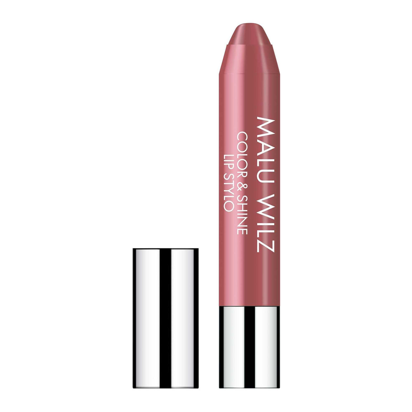 Malu Wilz Color & Shine Lip Pencil in pink shade, showcasing its glossy finish and sleek packaging.