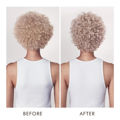 Before and after image showing enhanced curl definition and vibrant color on blonde hair.
