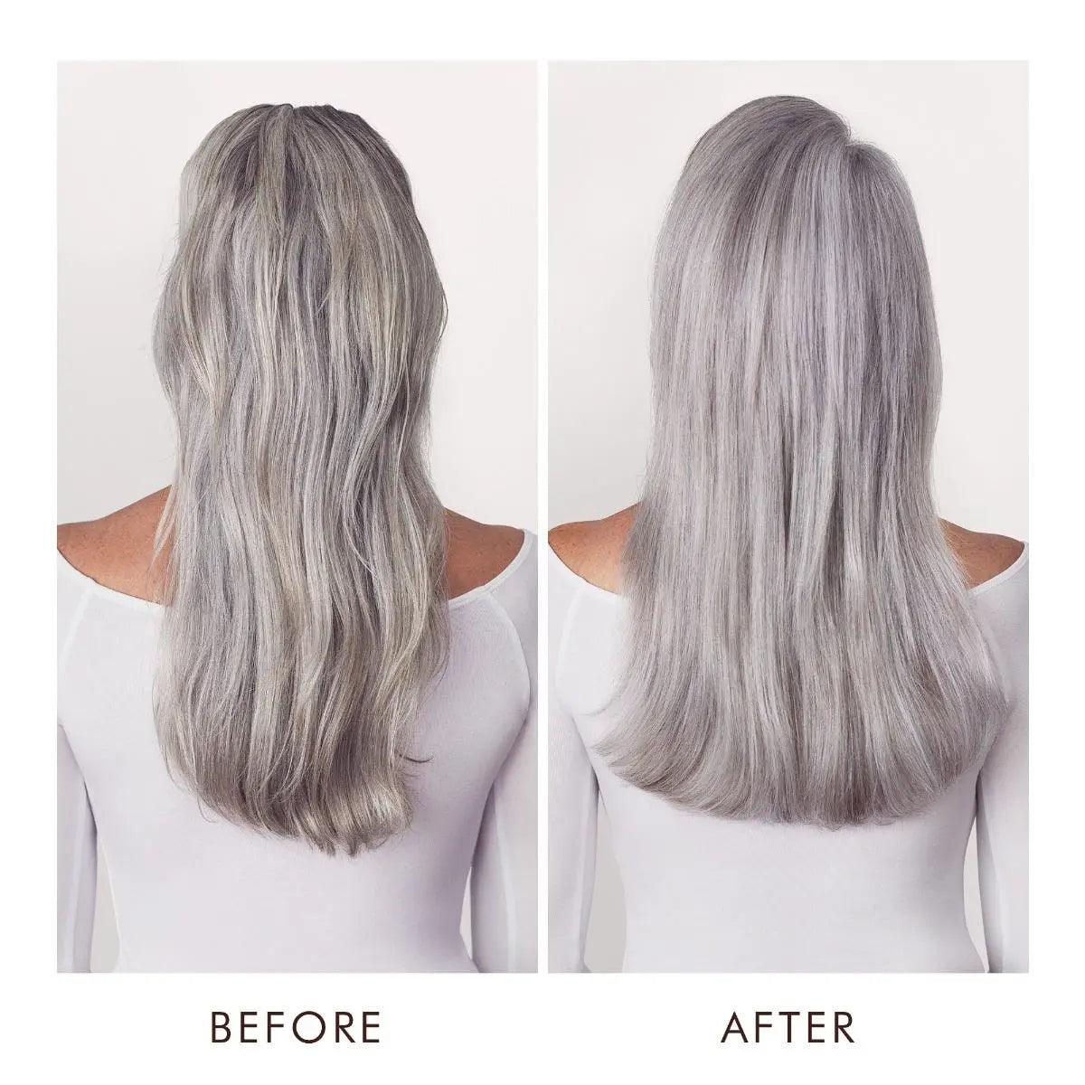 Before and after using Moroccanoil Color Continue Shampoo, showcasing vibrant, healthy gray hair transformation.