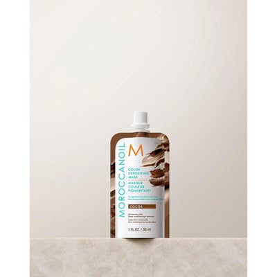Moroccanoil Color Depositing Mask 30ml in Cocoa, rejuvenates hair color and conditions with argan oil for glossy shine.