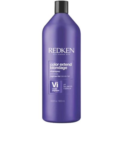 Redken Color Extend Blondage Shampoo 1L, purple bottle for enhancing blonde and highlighted hair, neutralizes brassiness.