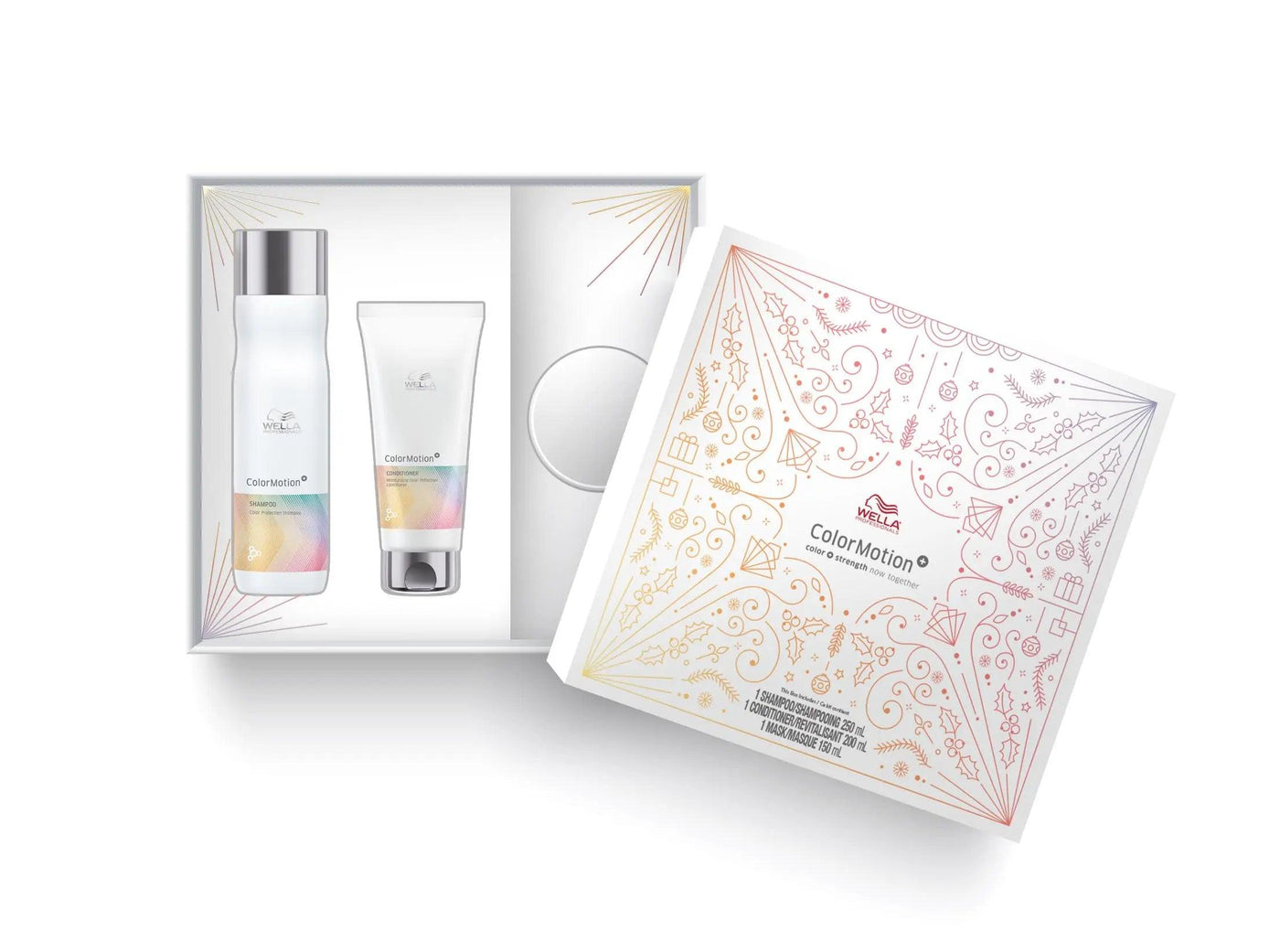 Colormotion+ Trio hair care gift set featuring shampoo, conditioner, and mask for color-treated hair protection and shine.