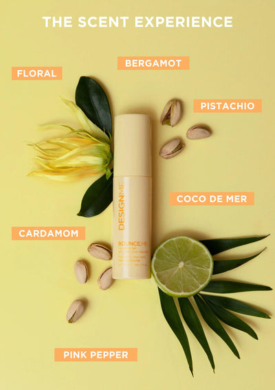Floral and citrus scent experience featuring bergamot, pistachio, and cardamom around a yellow bottle.