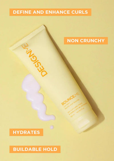 Bounce.ME curl defining cream tube with hydrating formula, emphasizing non-crunchy and buildable hold for curls.