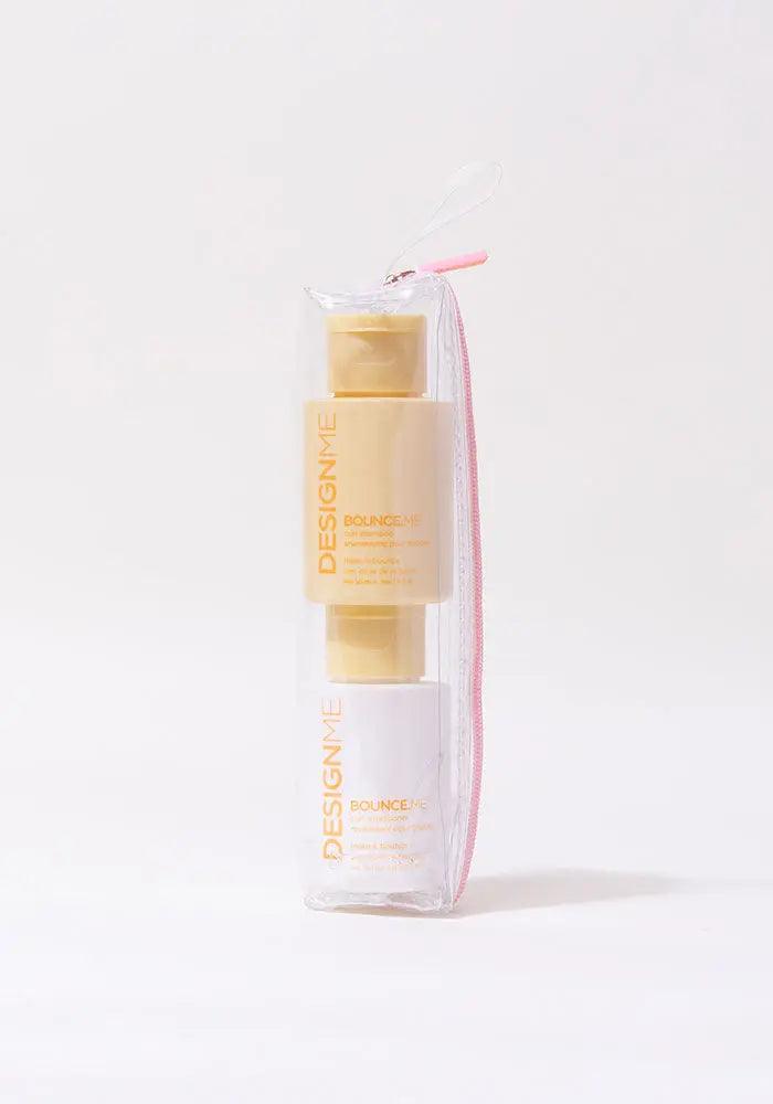 Travel-size BOUNCE.ME curl shampoo and conditioner set in clear packaging for gifting great hair days.