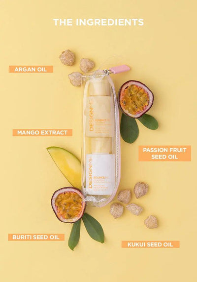 Curl shampoo and conditioner ingredients including argan oil, mango extract, and passion fruit seed oil on a yellow background.
