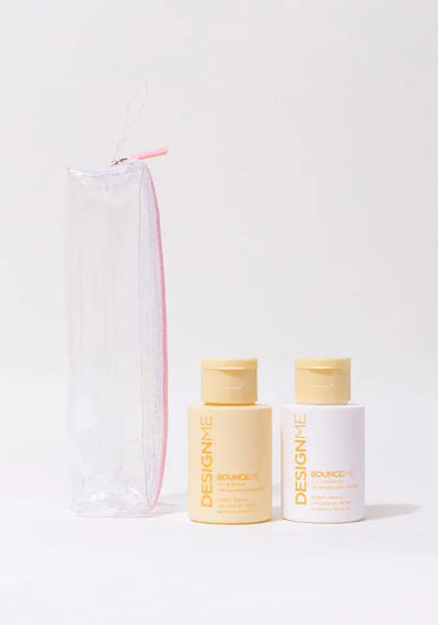 Travel-size BOUNCE.ME curl shampoo and conditioner set with clear pouch for great hair days.