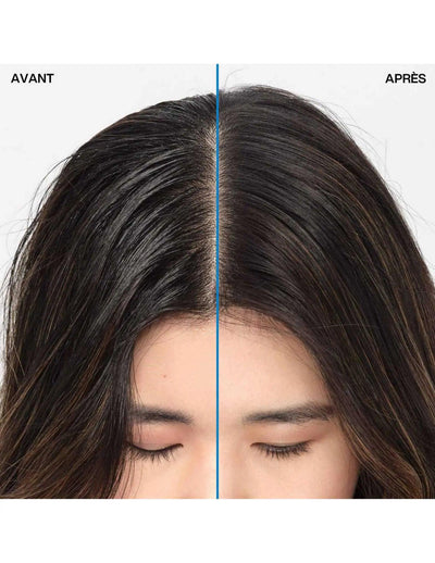 Before and after comparison of hair using Redken Deep Clean Dry Shampoo, showcasing its oil-absorbing effects.