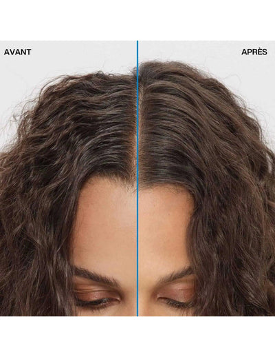 Before and after comparison showing refreshed curls with Redken Deep Clean Dry Shampoo.