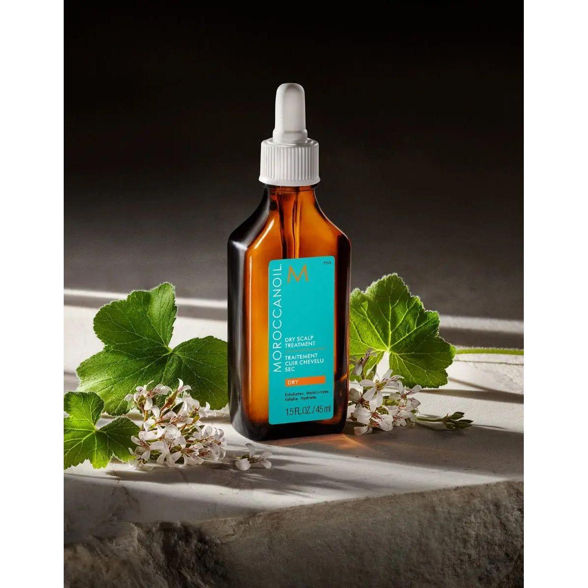Moroccanoil Dry-Scalp Treatment bottle with natural ingredients, designed to restore and moisturize dry scalps.