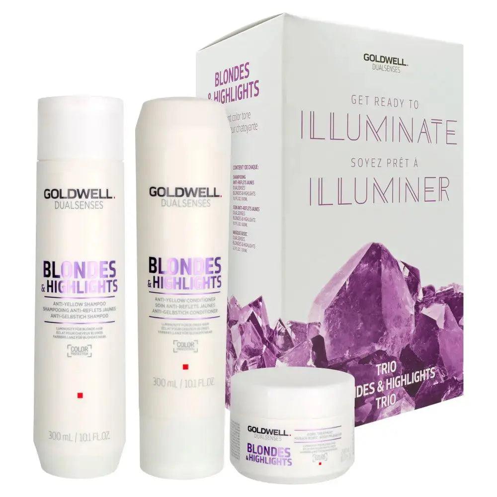 Goldwell Dualsenses Illuminate Blondes & Highlights Trio with shampoo, conditioner, and treatment for vibrant blonde hair.