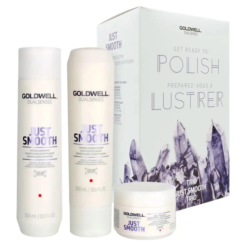 Goldwell Dualsenses Just Smooth Trio set with shampoo, conditioner, and treatment for frizz-free, manageable hair.
