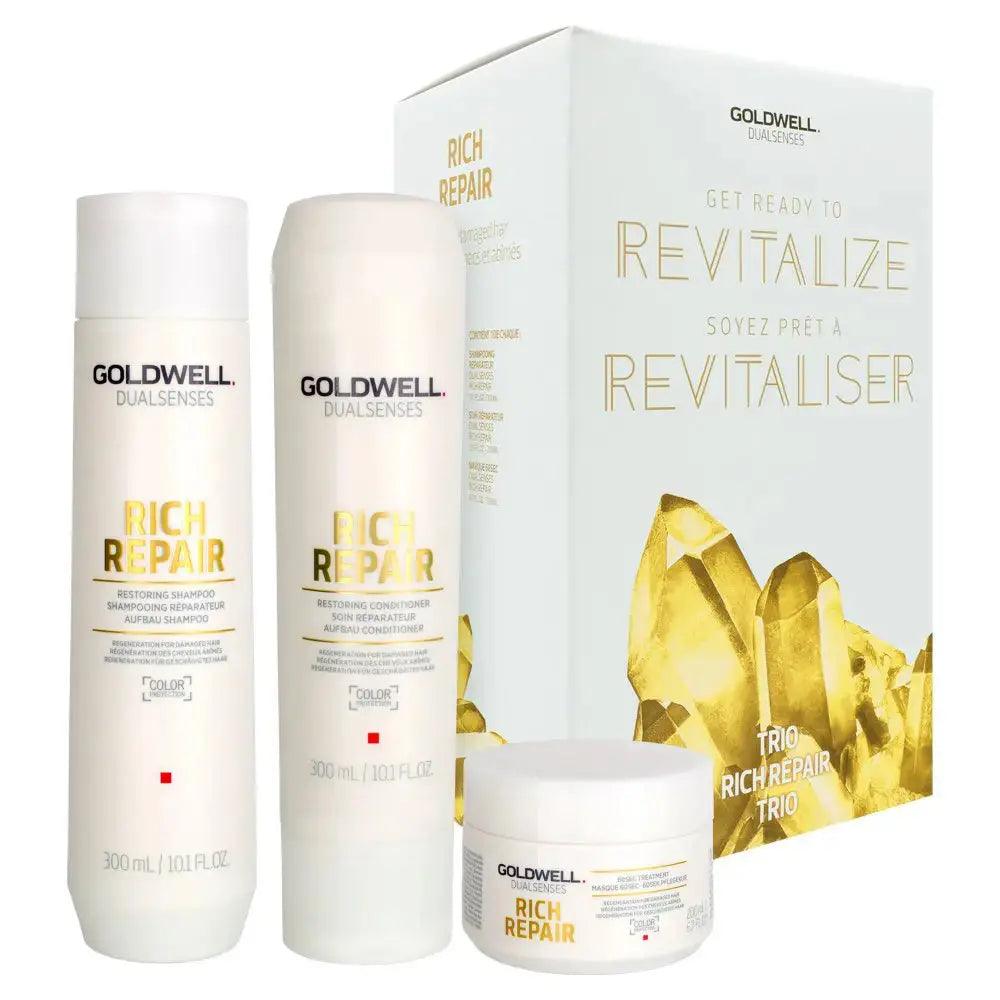 Goldwell Dualsenses Revitalize Rich Repair Trio set including shampoo, conditioner, and treatment for healthy hair.