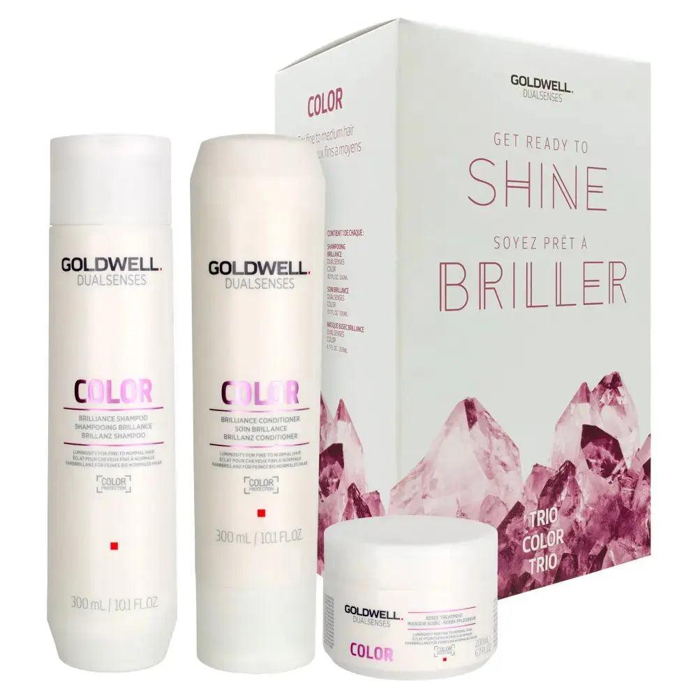 Goldwell Dualsenses Shine Color Brilliance Trio set with shampoo, conditioner, and treatment mask for vibrant color care.