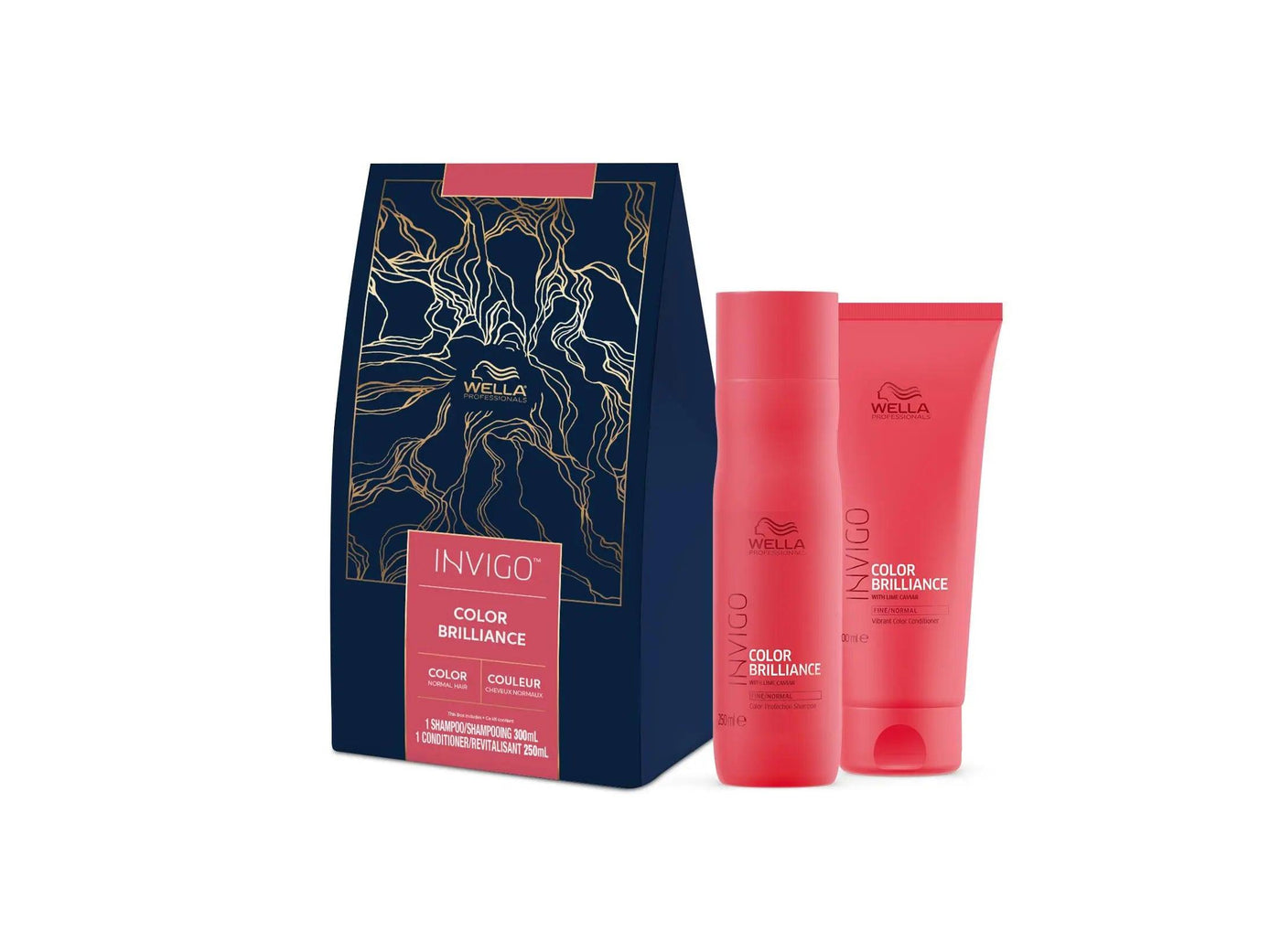 Wella Invigo Color Brilliance set with shampoo and conditioner packaging for vibrant hair color care.