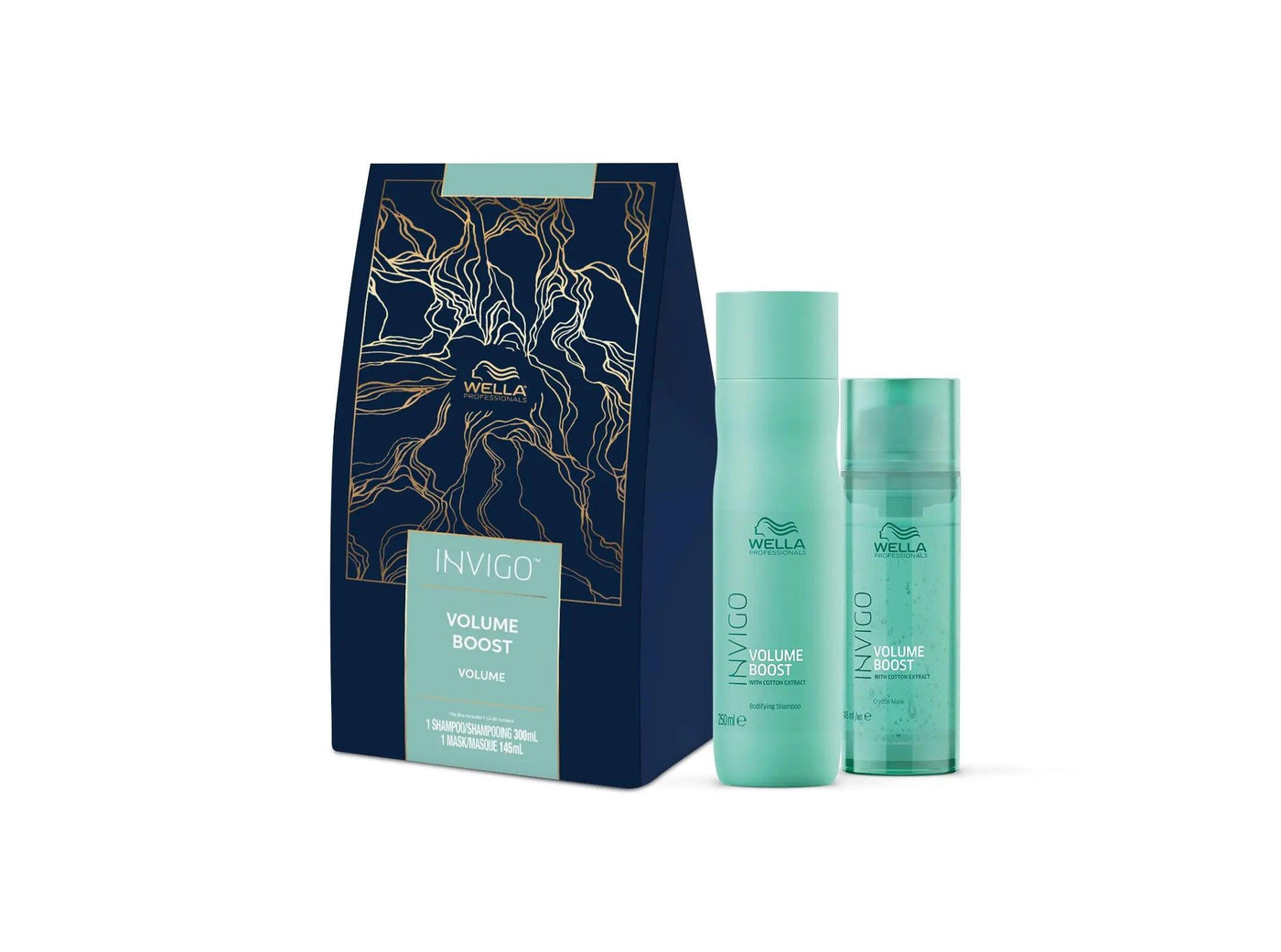 Duo Invigo Volume Boost set featuring shampoo and conditioner for lightweight volume and residue elimination.