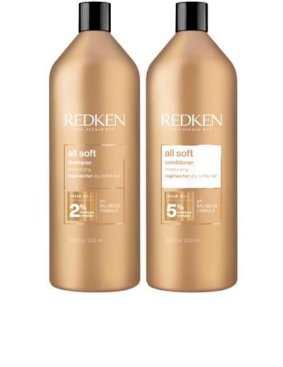 Redken Duo Liters All Soft Shampoo and Conditioner set for intense hydration and nourishment for dry hair.