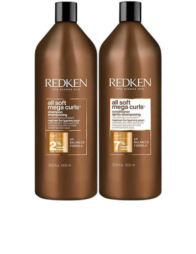 Redken Duo Liters All Soft Mega Curls Shampoo and Conditioner set for curly hair, 338ml bottles.