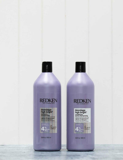 Redken Duo Liters Blondage High Bright Shampoo and Conditioner for vibrant, color-treated blonde hair.