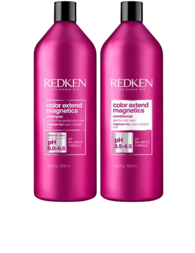Redken Color Extend Magnetics Duo Liters Shampoo and Conditioner for color-treated hair care.