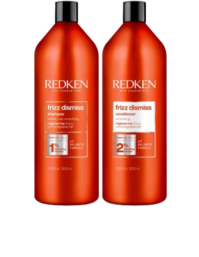 Redken Duo Liters Frizz Dismiss Shampoo and Conditioner set for smooth, manageable, and vibrant hair.