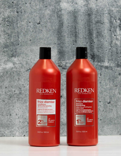 Redken Duo Liters Frizz Dismiss Shampoo and Conditioner set, designed for smooth and frizz-free hair.