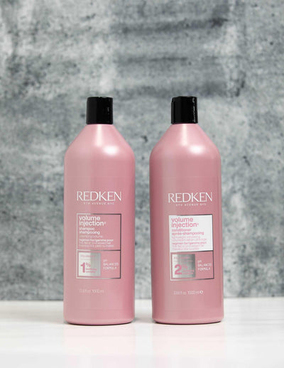Redken Duo Liters Volume Injection Shampoo and Conditioner set for enhancing hair volume and fullness.