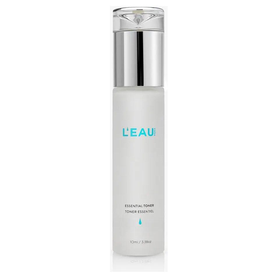 L'Eau Essential Toner bottle for firming skin, minimizing pores, and combating aging signs with Snow Algae and Allantoin.