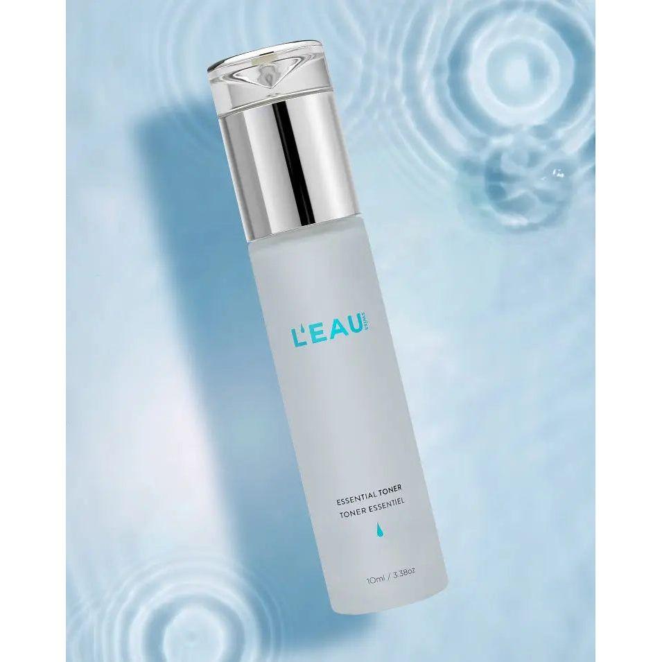 Essential Toner by L'Eau in sleek bottle, enriched with Snow Algae for firmer, youthful skin.