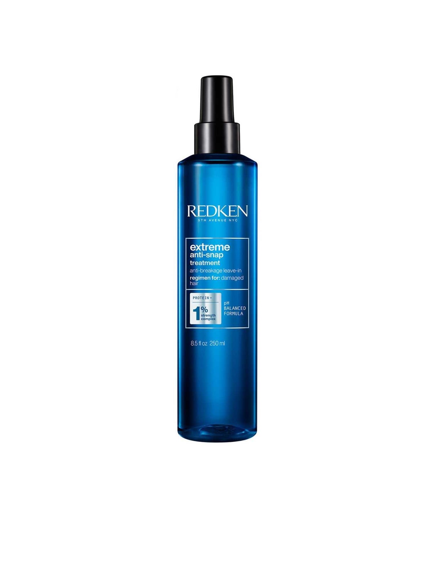 Redken Extreme Anti-Snap Treatment in a blue spray bottle, designed to strengthen and reduce hair breakage.
