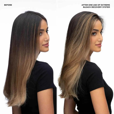 Before and after results of Extreme Bleach Recovery Cica Cream on bleached hair, showcasing improved shine and smoothness.