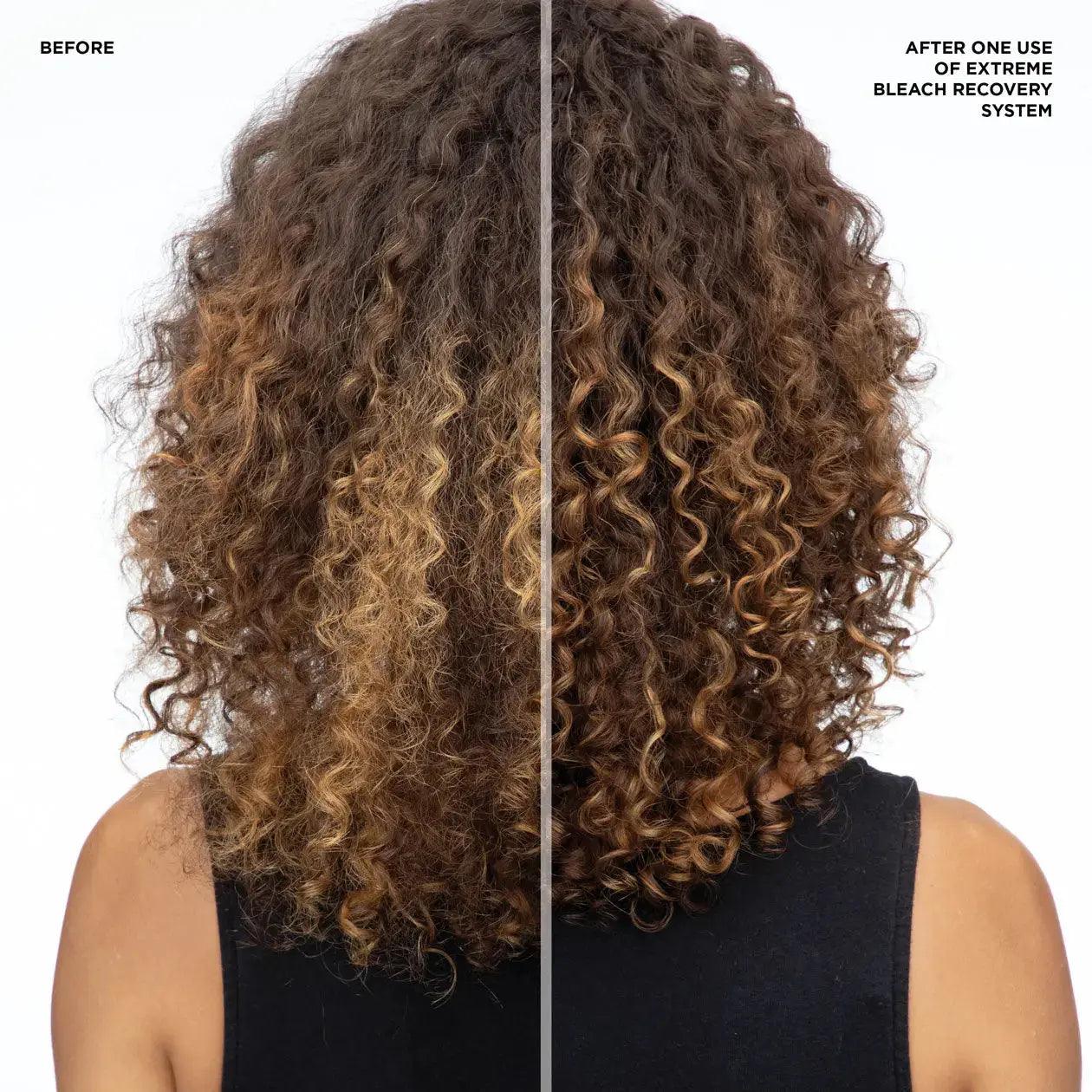 Before and after photo showing the transformation of curly hair using Redken Extreme Bleach Recovery Cica Cream.