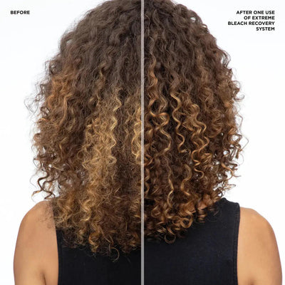 Before and after photo showing the transformation of curly hair using Redken Extreme Bleach Recovery Cica Cream.