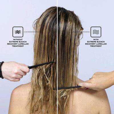 Before and after using Redken Extreme Bleach Recovery Lamellar Water Treatment on bleached hair.