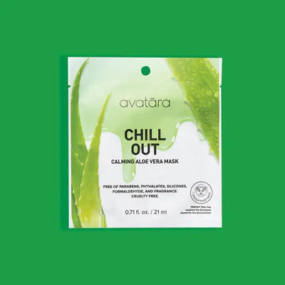 Avatara Chill Out Calming Aloe Vera Face Mask package on a green background, 21 ml, cruelty-free and free from harmful chemicals.