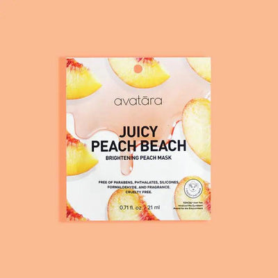 Brightening peach face mask pack with juicy peach slices on a pastel background, cruelty-free and free of harmful additives.