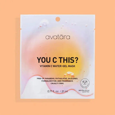 Avatara Vitamin C Water-Gel Face Mask packaging, cruelty-free, 0.71 fl. oz., vibrant design on peach background.
