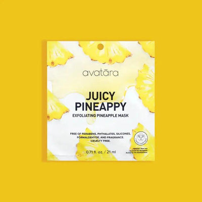 Juicy Pineapple Exfoliating Mask packaging by Avatara on a vibrant yellow background, cruelty-free and free from harmful chemicals.