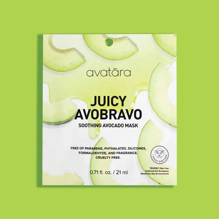 Juicy Avobravo soothing avocado face mask packaging with green background, free of harmful chemicals and cruelty-free.