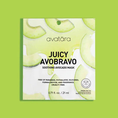 Juicy Avobravo soothing avocado face mask packaging with green background, free of harmful chemicals and cruelty-free.