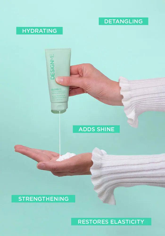 Hand holding a hydrating hair product tube with benefits like detangling, shine, strengthening, and restoring elasticity.