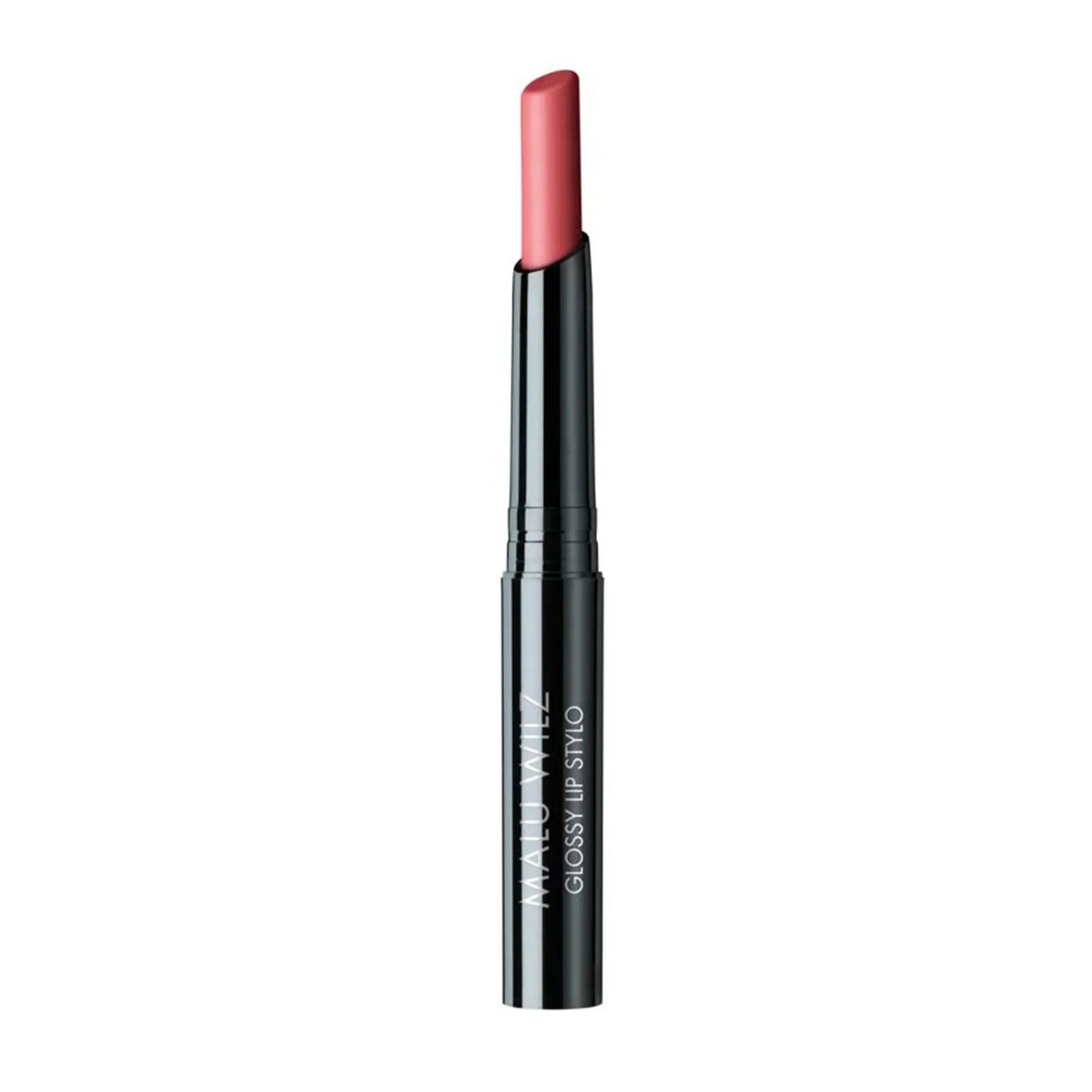 Malu Wilz Glossy Lip Stylo showcasing a vibrant pink shade in a sleek black tube for high-shine and hydration.