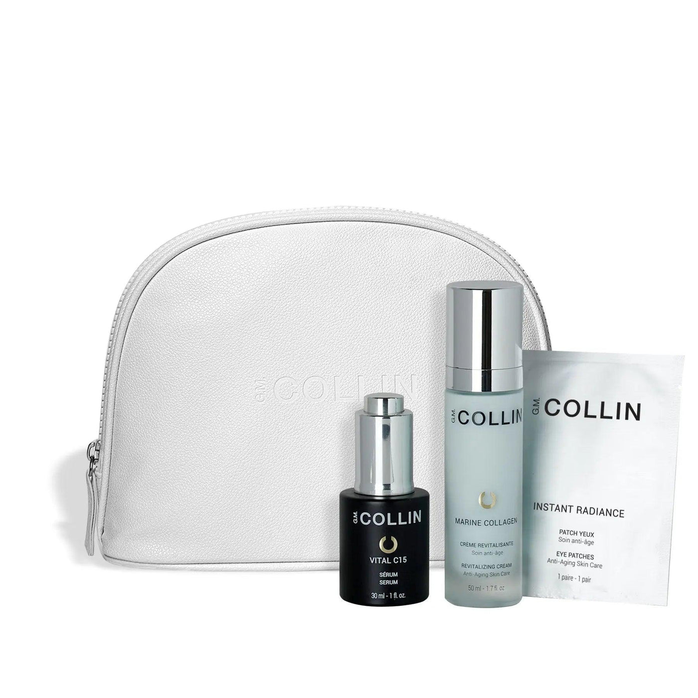 Glow-rious Beauty gift set featuring Vital C15 Serum, Marine Collagen Cream, and Instant Radiance mask in stylish white pouch.